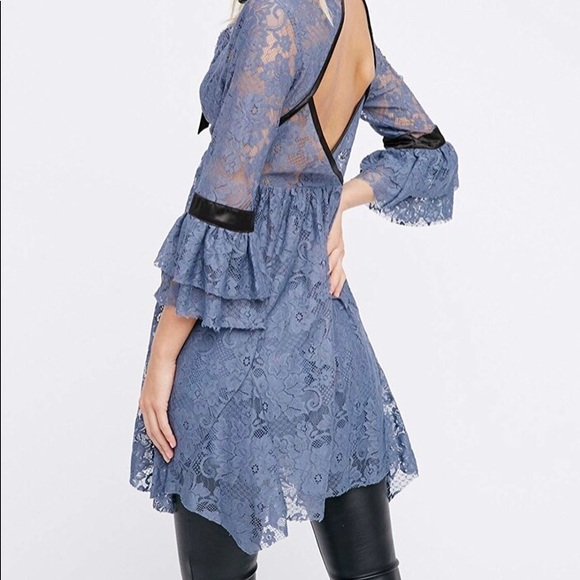 Free People Dresses & Skirts - Free People Slate Blue Lace Midi Dress with Black Trim